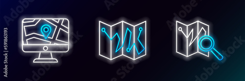 Set line Folded map with location marker, Medical pointer cross hospital and icon. Glowing neon. Vector