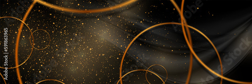 Black smooth wavy background with golden dots and circles. Vector banner design © saicle