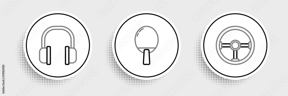 Set line Steering wheel, Headphones and Racket for playing table tennis icon. Vector Set line Steering wheel, Headphones and Racket for playing table tennis icon. Vector