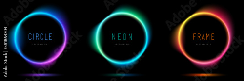 Set of pink-blue, red-purple and green illuminate neon light circles frames. Collection of glowing laser light round lines in top view dark background.  Abstract cosmic vibrant color geometric design.