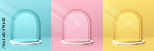 Set of 3D background with realistic yellow, blue, pink and white cylinder podium. Minimal arch wall scene. Pastel mockup product display. Stage showcase. Abstract geometric platforms. 3D vector render