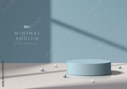 3D background with realistic blue cylinder pedestal podium and window lighting wall scene. Pastel minimal mockup product display. Abstract geometric platforms. Stage for showcase. 3D vector rendering.