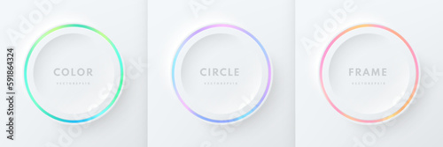 Set of pink-blue, red-purple and green illuminate neon lighting circles frames on white background. Collection of glowing laser light round lines in top view. Abstract vibrant gradient color design.