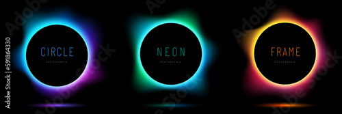 Set of pink-blue, red-purple and green illuminate neon light circles frames. Collection of glowing laser light round lines in top view dark background. Abstract gradient vibrant color geometric board.