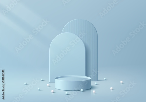 3D background with realistic blue cylinder pedestal podium and arch backdrop wall scene. Pastel minimal mockup product display. Abstract geometric platforms. Stage for showcase. 3D vector rendering.