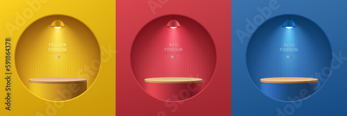 Set of 3D background with yellow, blue and red realistic cylinder pedestal podium in circle window wall scene. Minimal mockup empty product display. Abstract vector 3D rendering. Round stage showcase.