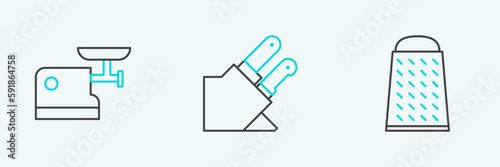 Set line Grater, Kitchen meat grinder and Knife icon. Vector