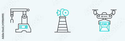 Set line Drone delivery concept, Assembly line and Antenna icon. Vector