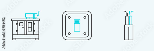 Set line Electric cable, Diesel power generator and light switch icon. Vector