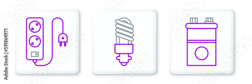 Set line Car battery, Electric extension cord and LED light bulb icon. Vector