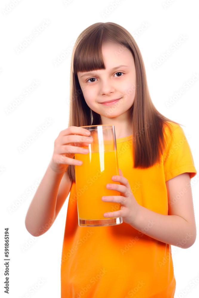 Cute cheerful girl in pink tee shirt holding a glass of orange juice isolated on transparent background
