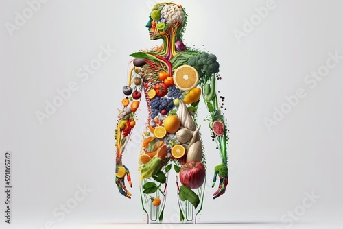 Human body silhouette made of healthy Fruits and Vegetables. Generative AI
