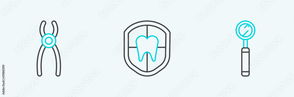 Set line Dental inspection mirror, pliers and protection icon. Vector Set line Dental inspection mirror, pliers and protection icon. Vector