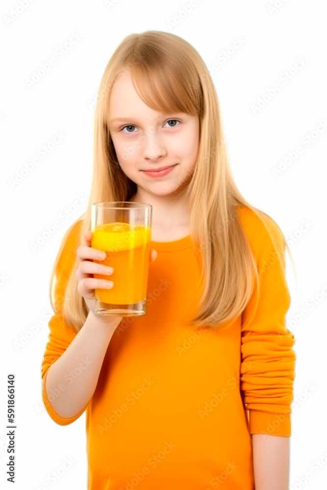 Cute cheerful girl in pink tee shirt holding a glass of orange juice isolated on transparent background Cute cheerful girl in pink tee shirt holding a glass of orange juice isolated on transparent background