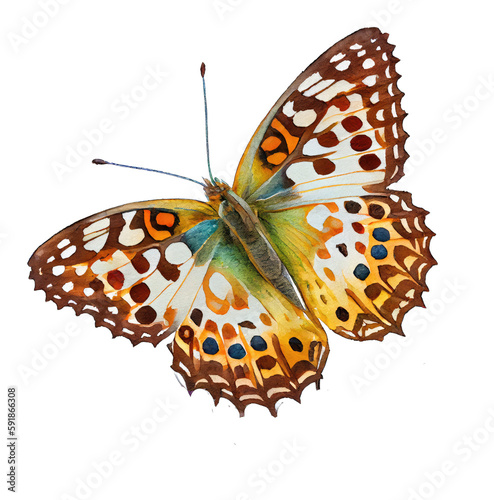 Variegated fritillary  buterfly. Watercolor with transparent background. Generative AI