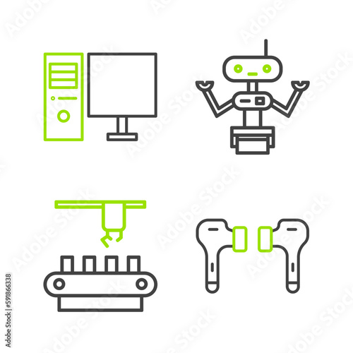 Set line Air headphones, Factory conveyor system belt, Robot and Computer monitor icon. Vector