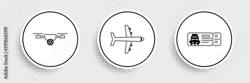 Set line Cruise ticket for traveling by ship, Drone flying with action video camera and Plane icon. Vector