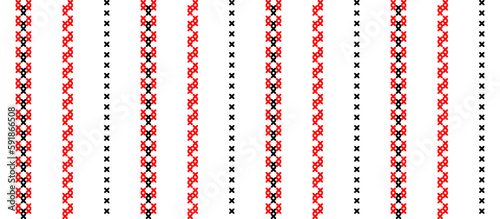 Ukrainian modern striped pattern. Vector seamless pattern for textile, fabric, cloth. Modern ukrainian folk, ethnic ornament in red and black. Pixel art, vyshyvanka, cross stitch