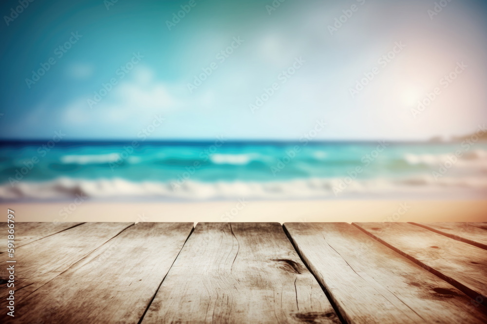 Wooden board with blur beach and sea Wooden board with blur beach and sea