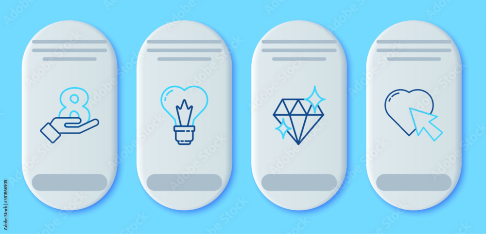 Set line Heart shape in a light bulb, Diamond, 8 March hand and cursor click icon. Vector