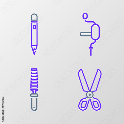 Set line Scissors, Chisel tool for wood, Hand drill and Pencil with eraser icon. Vector
