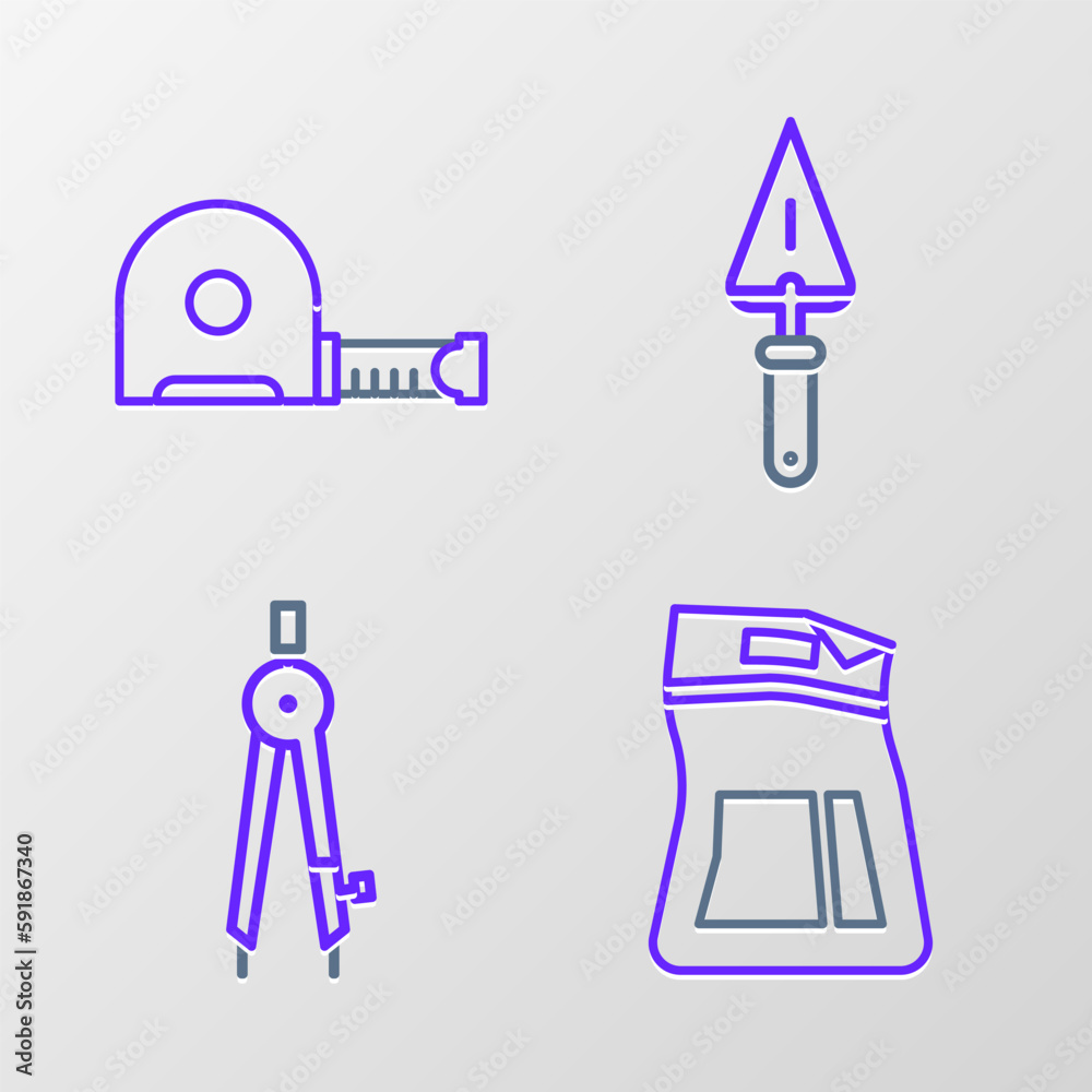 Set line Cement bag, Drawing compass, Trowel and Roulette construction icon. Vector Set line Cement bag, Drawing compass, Trowel and Roulette construction icon. Vector