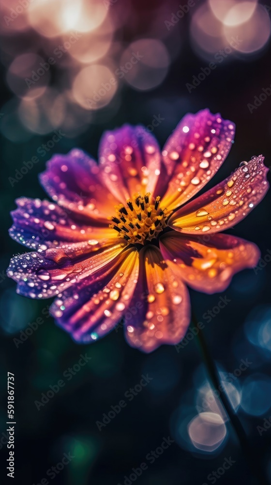 Cosmos flower with waterdrops. Close up. Generative AI Cosmos flower with waterdrops. Close up. Generative AI