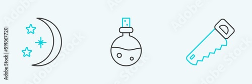 Set line Hand saw, Moon stars and Bottle with love potion icon. Vector