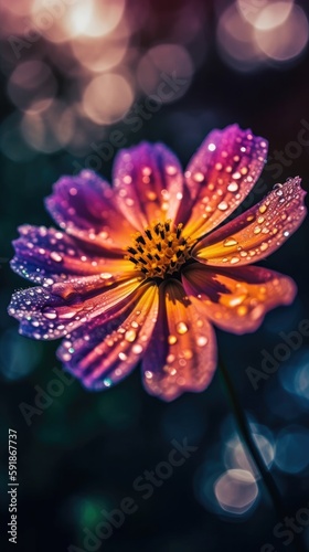 Cosmos flower with waterdrops. Close up. Generative AI