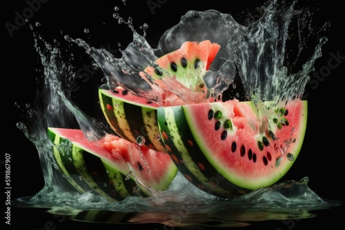 Watermelon with water splash isolated on black background