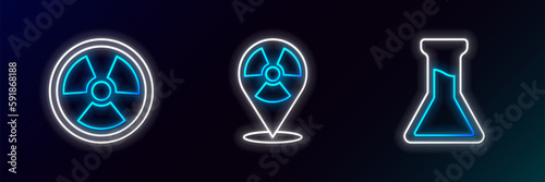 Set line Test tube and flask, Radioactive and in location icon. Glowing neon. Vector