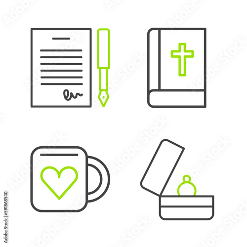 Set line Wedding rings, Coffee cup and heart, Holy bible book and Marriage contract icon. Vector