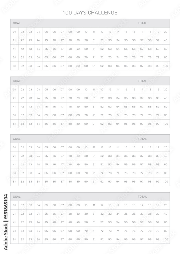 100 Day Challenge design template in a modern, simple, and minimalist style. Note, scheduler, diary, calendar, planner document template illustration. 100 Day Challenge design template in a modern, simple, and minimalist style. Note, scheduler, diary, calendar, planner document template illustration.