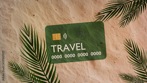 Concept 3D illustration on the theme of travel. Green bank card with travel text on the sand, palm leaves nearby. For the design of online banking products. Summer concepts for a bank or shop