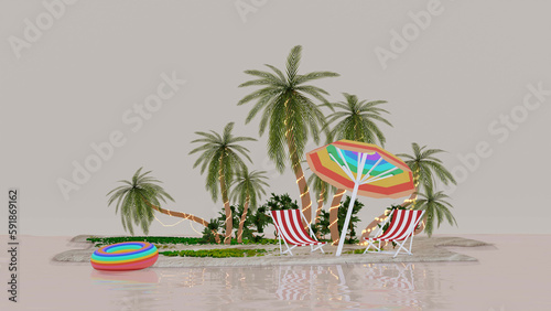 Concept 3D illustration on the theme of travel. Sandy beach, which has a sun lounger, a beach umbrella, a beach rubber ring and palm trees. Reflection of the beach in the water.