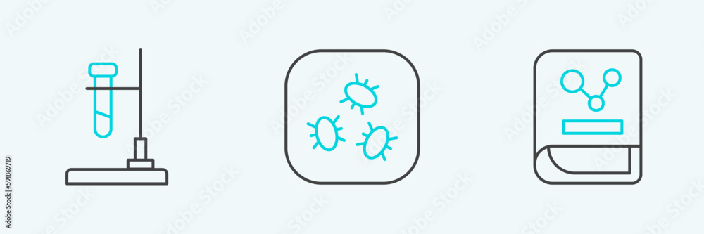 Set line Chemistry book, Test tube flask on fire and Bacteria icon. Vector Set line Chemistry book, Test tube flask on fire and Bacteria icon. Vector