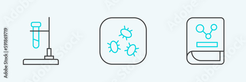 Set line Chemistry book, Test tube flask on fire and Bacteria icon. Vector