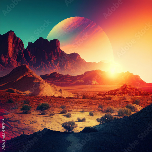 A digital painting of a desert landscape with mountains and a sunset.