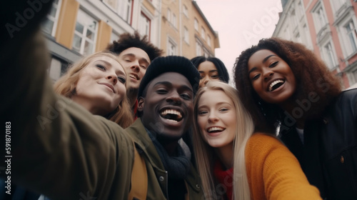 group of diverse friends taking a selfie and smiling in urban street. Generative Ai