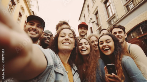 group of diverse friends taking a selfie and smiling in urban street. Generative Ai