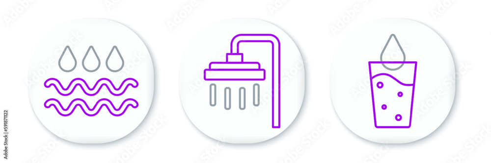 Set line Glass with water, Wave drop and Shower icon. Vector Set line Glass with water, Wave drop and Shower icon. Vector