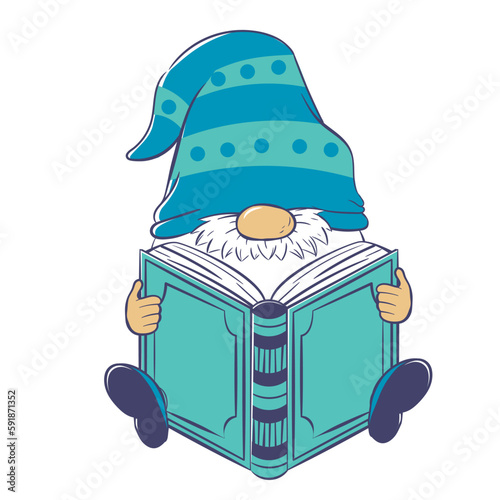 Cute cartoon gnome is reading a huge book.