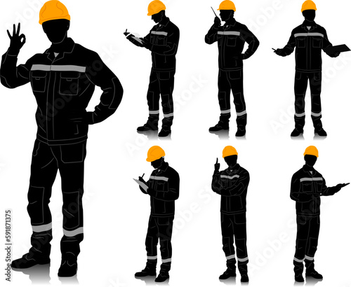 Silhouette of worker with a helmet. Worker wearing overalls with safety band. Different poses. Vector illustration set isolated on white. Full length view