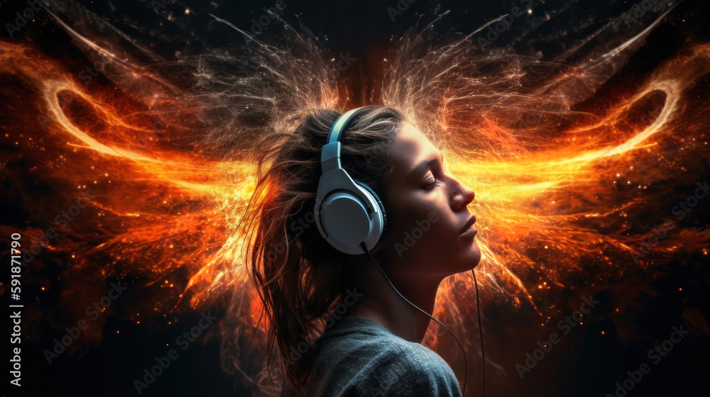 Woman with headphones creating music in her mind. Generative Ai. Woman with headphones creating music in her mind. Generative Ai.