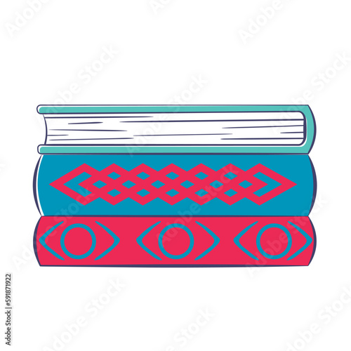 stack of multi-colored books with different patterns on the spines