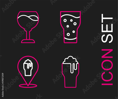 Set line Glass of beer, Alcohol or bar location, and Wine glass icon. Vector