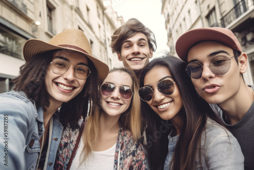 group of diverse friends taking a selfie and smiling in urban street. Generative Ai © cfhdesign