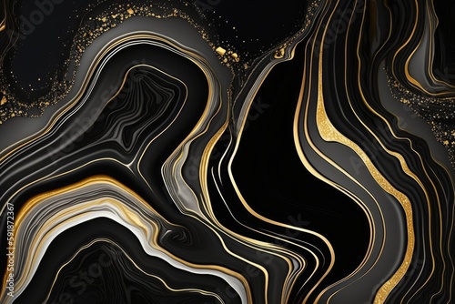 abstract black marble background with golden veins, japanese kintsugi technique, painted stone texture of marbled surface, digital marbling illustration