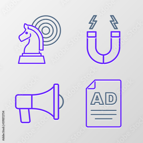 Set line Advertising, Megaphone, Magnet and Chess icon. Vector