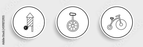 Set line Vintage bicycle with one big wheel and one small, Firework rocket and Unicycle icon. Vector